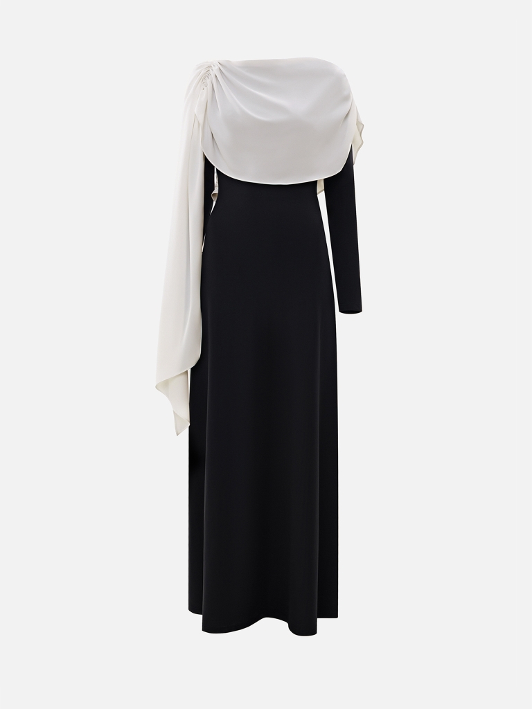 Maxi dress with contrasting draped shoulders