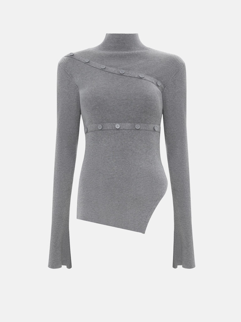 Cotton viscose longsleeve with asymmetrical decor and buttons