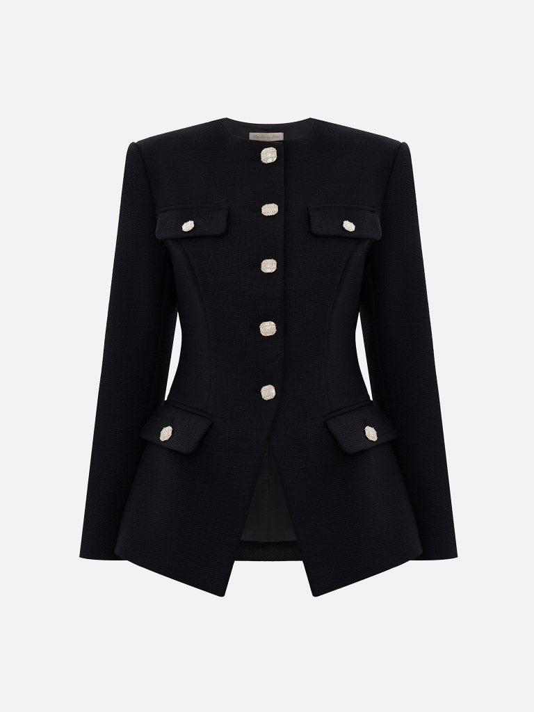 Fitted tweed jacket with rhinestone buttons