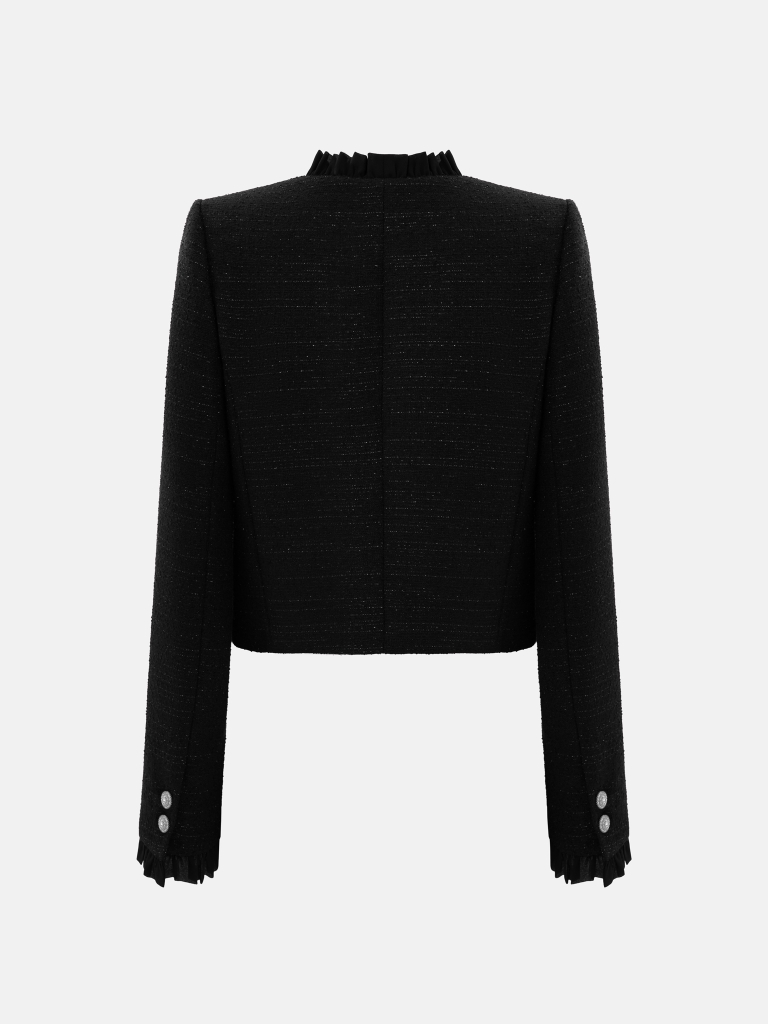 Single-breasted tweed jacket with ruffles