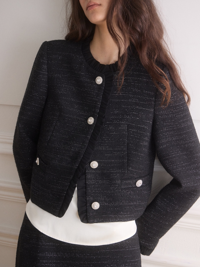 Single-breasted tweed jacket with ruffles