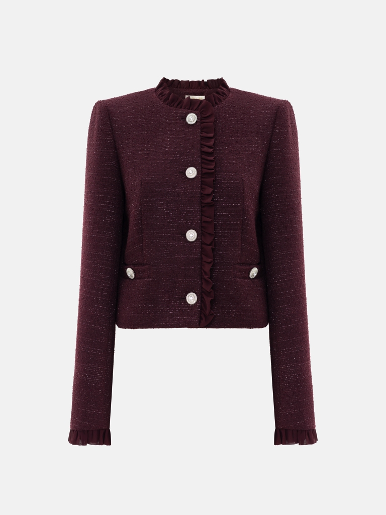 Single-breasted tweed jacket with ruffles