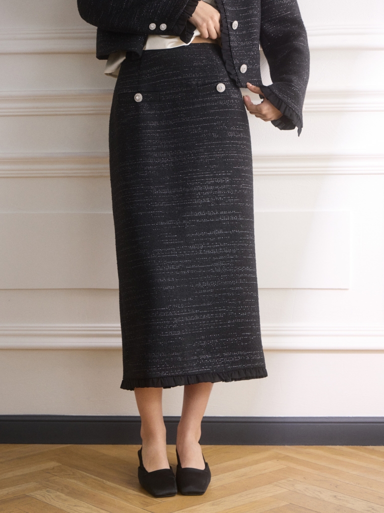 Straight-cut tweed midi skirt with ruffles