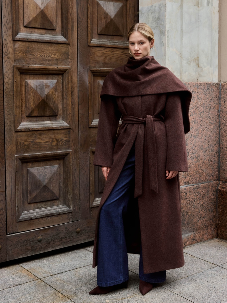 Woollen maxi coat with shawl collar