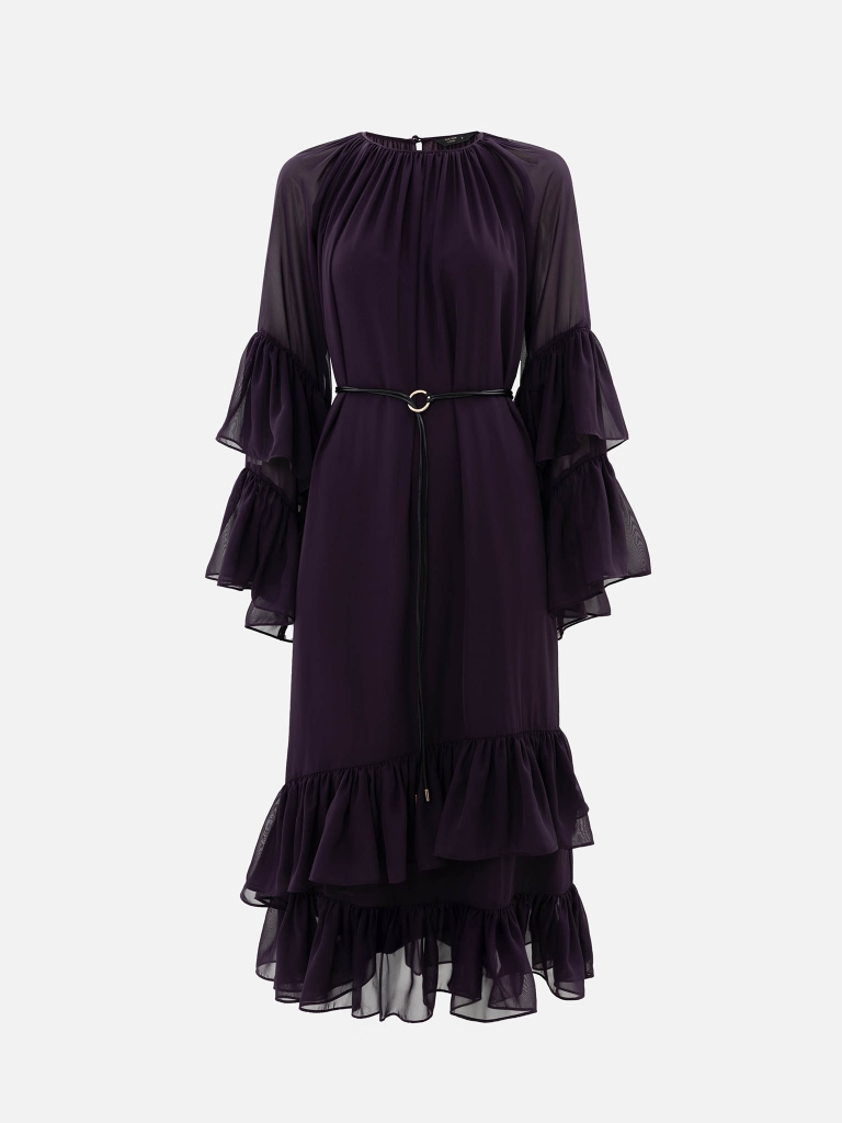 Chiffon midi dress with voluminous ruffles and eco-leather belt