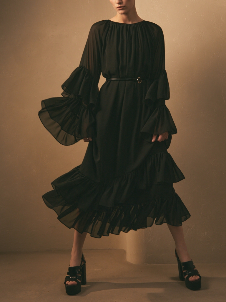 Chiffon midi dress with voluminous ruffles and eco-leather belt