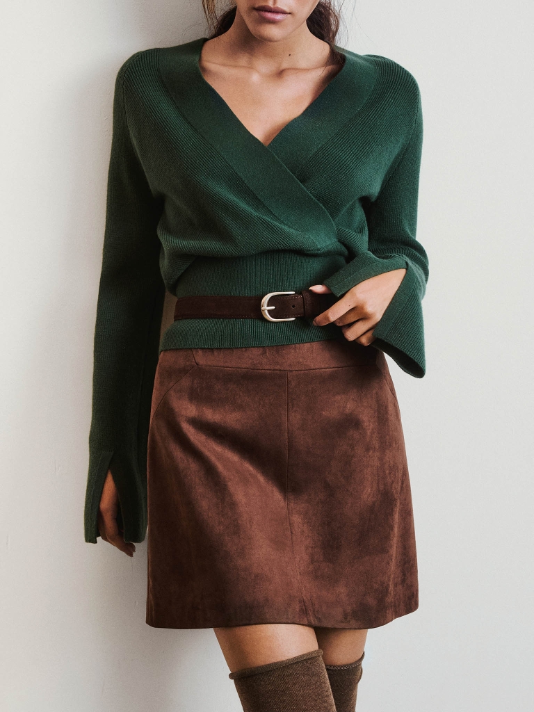 Knitted jumper with wrap imitation