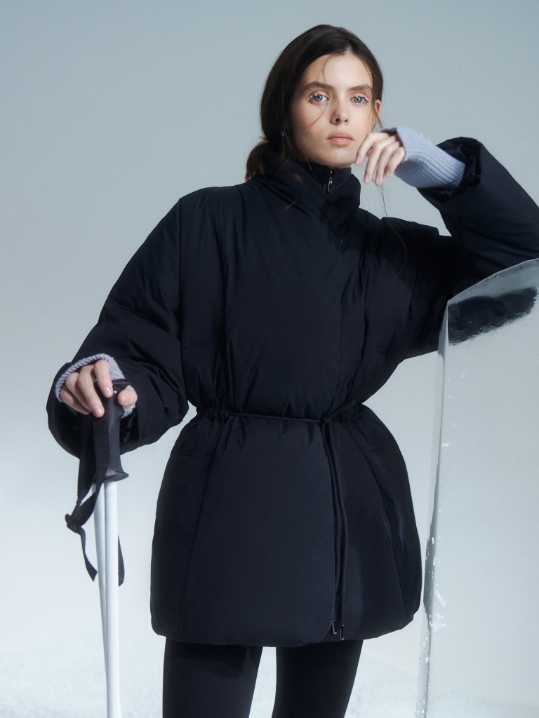 Short wrap-around down jacket with waist ties