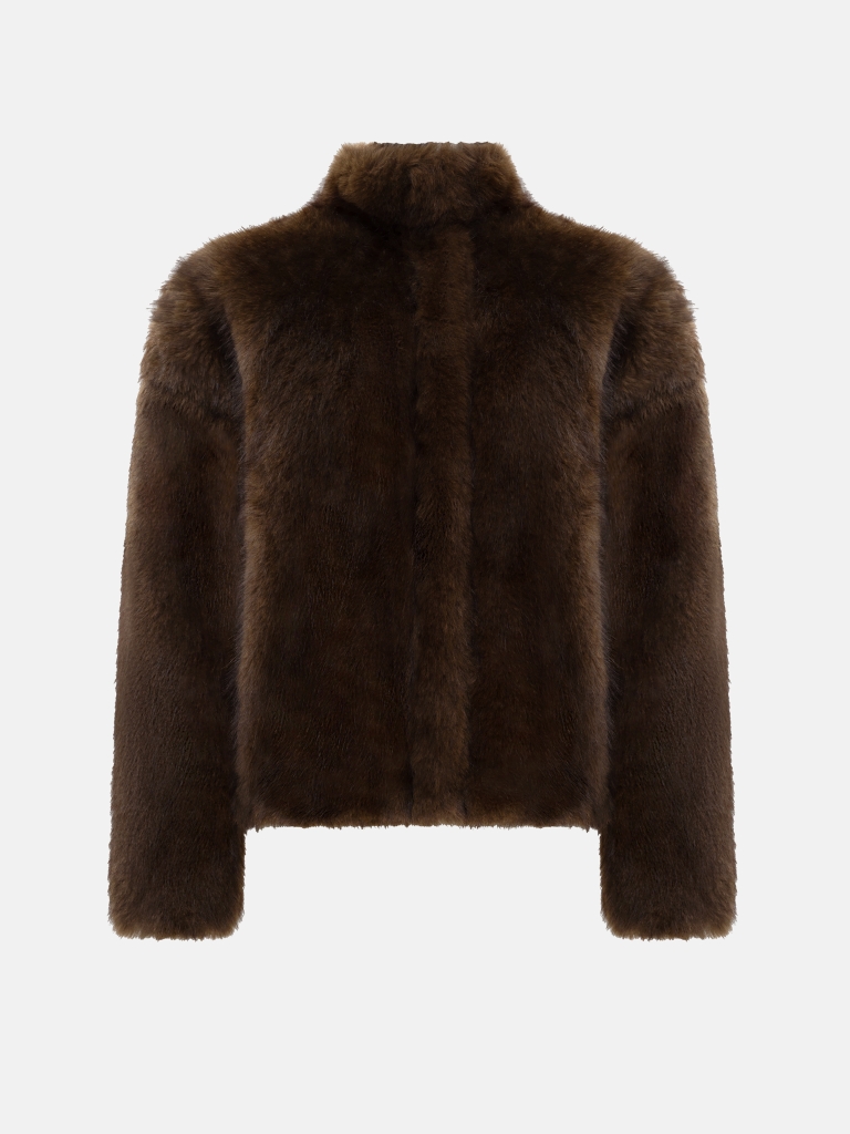 Short eco-fur coat with zip fastening and stand-up collar :: LICHI