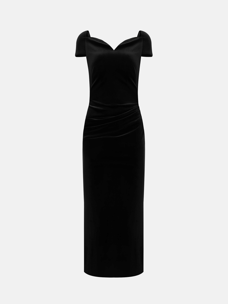 Fitted velvet midi dress with curved neckline