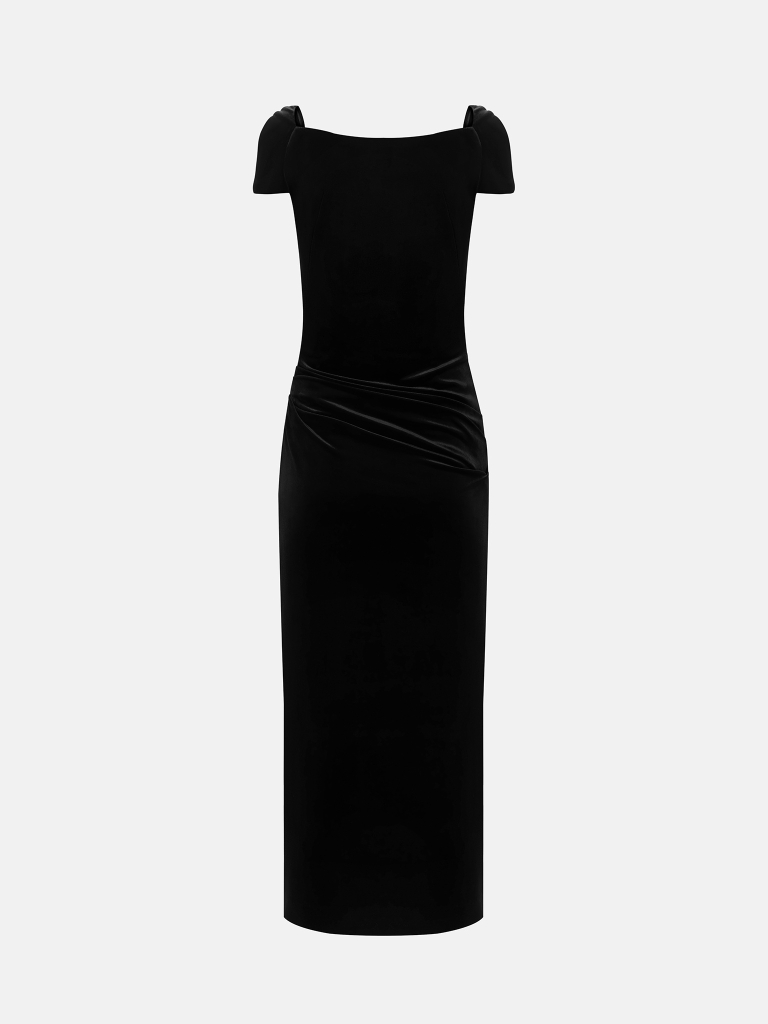 Fitted velvet midi dress with curved neckline