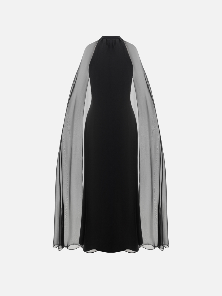 Maxi dress with flower on the collar and a light cape