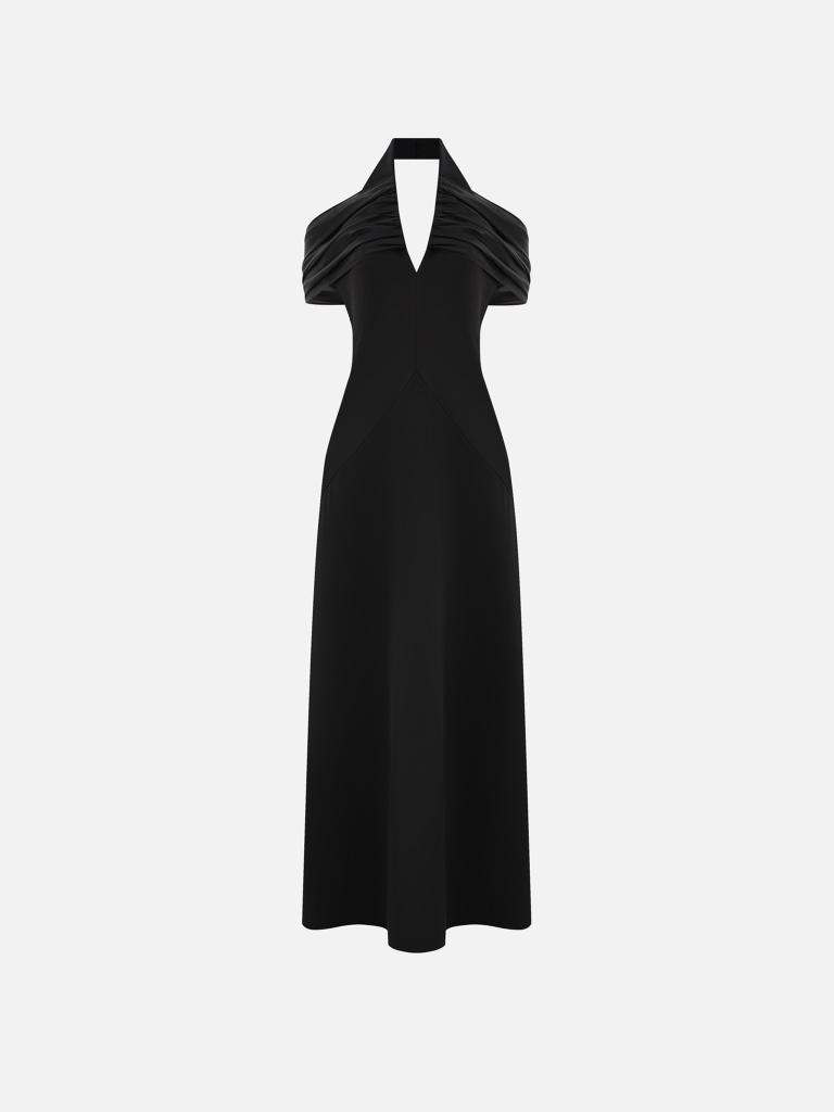 Maxi dress with open shoulders and long ribbons on the bodice
