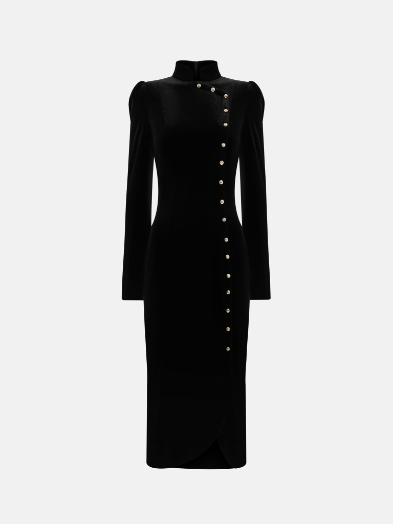 Velvet midi dress with asymmetrical fastening