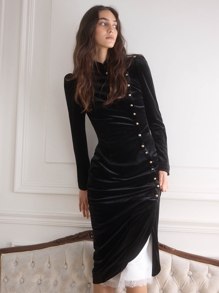 Velvet midi dress with asymmetrical fastening