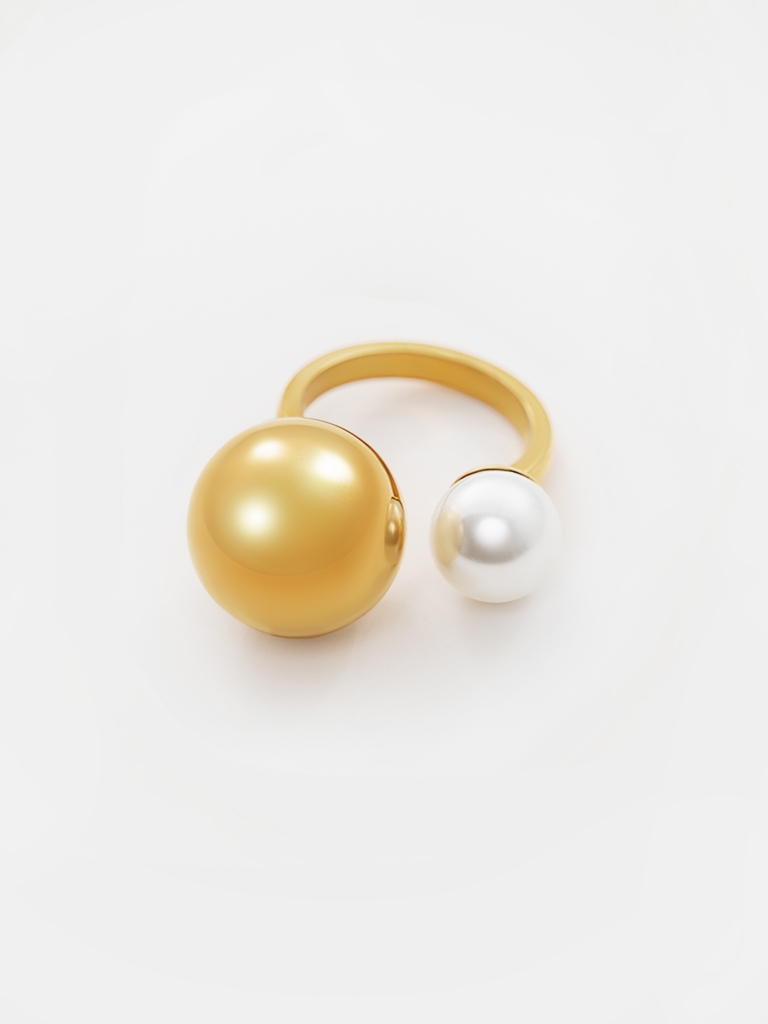 Asymmetrical golden ring with pearl