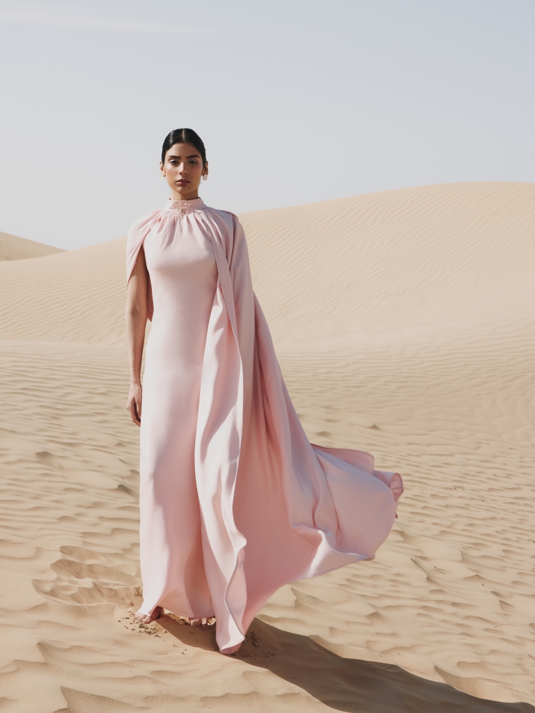 Maxi viscose dress with floor-length cape