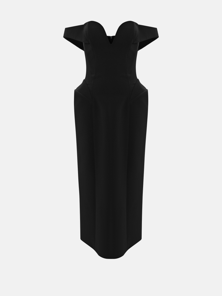 Sophisticated midi dress with open shoulders and voluminous skirt