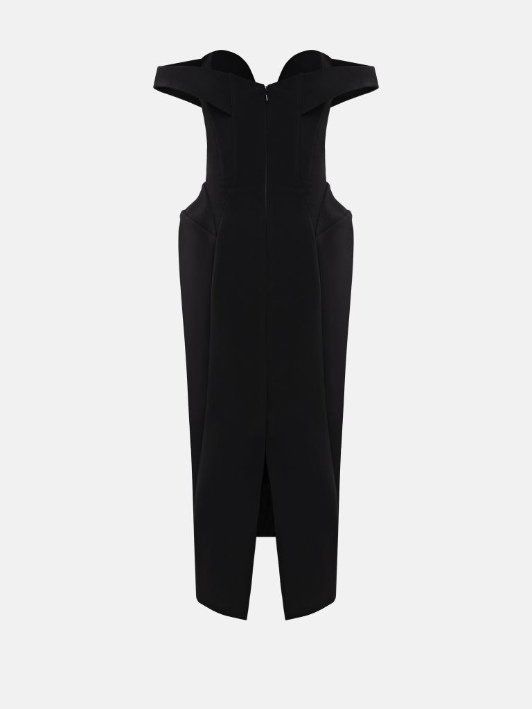 Sophisticated midi dress with open shoulders and voluminous skirt