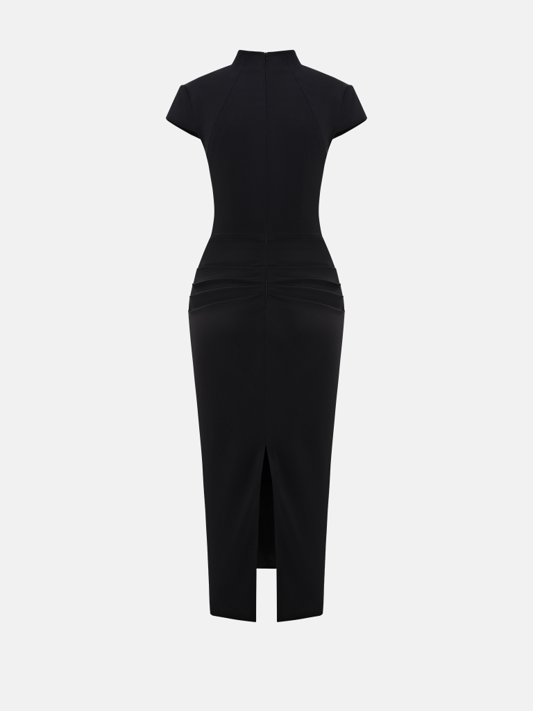 Fitted midi dress with curved neckline and draped hips