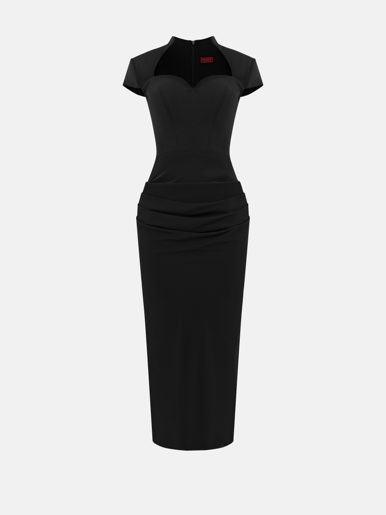 Fitted midi dress with curved neckline and draped hips