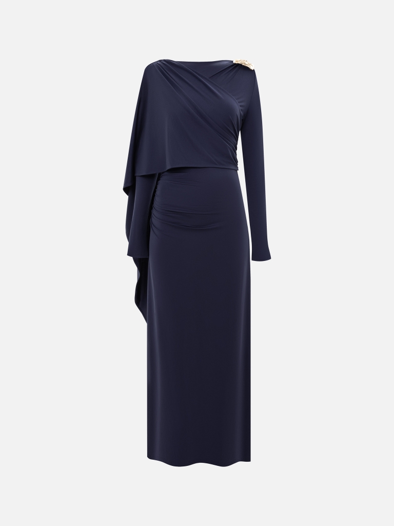 Jersey maxi dress with one-shoulder cape