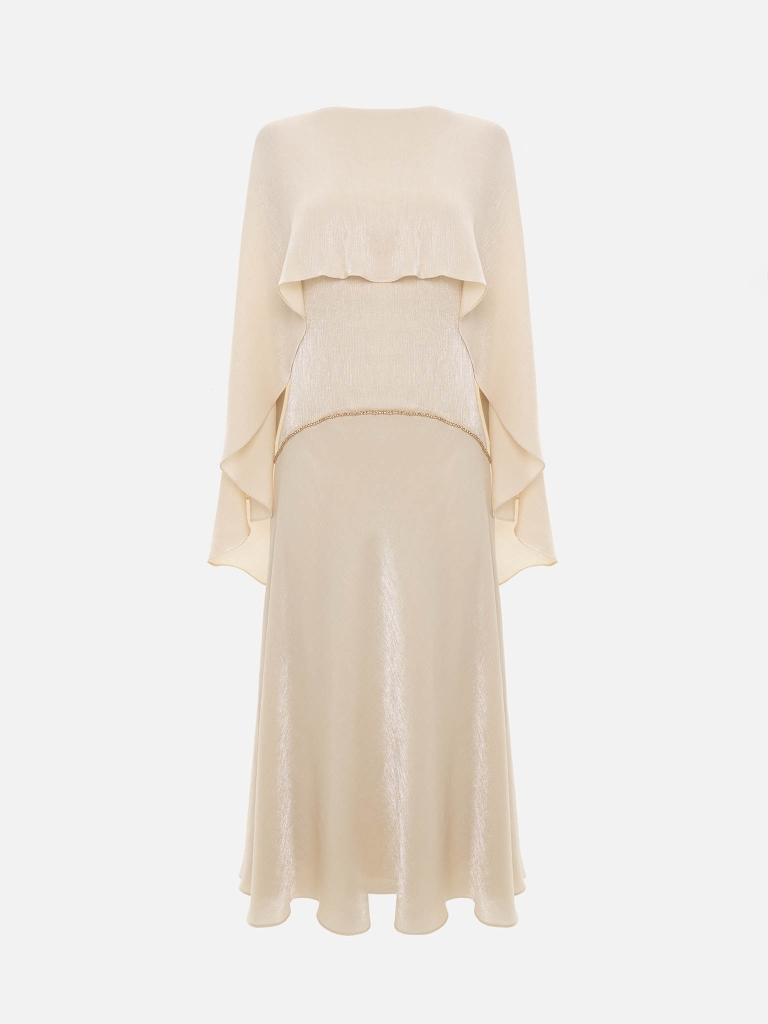 Textured maxi dress with a cape and rhinestone decor