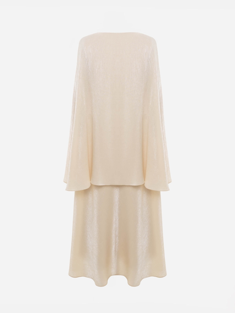 Textured maxi dress with a cape and rhinestone decor
