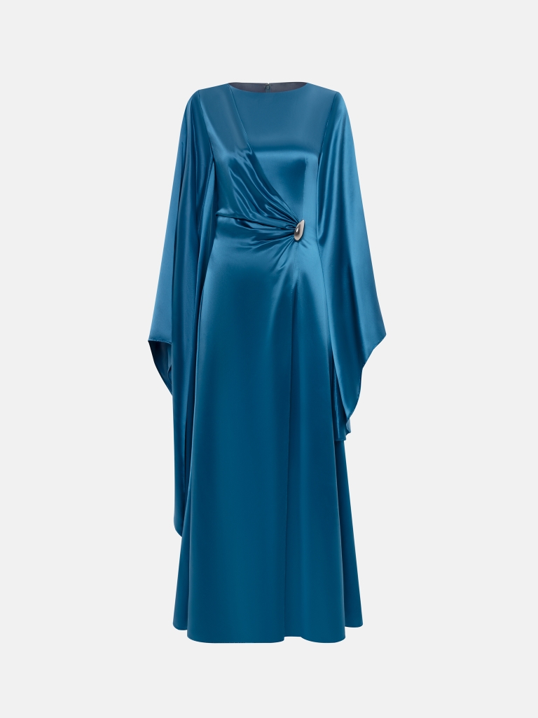 Satin maxi dress with asymmetrical sleeves