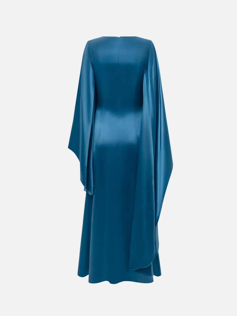 Satin maxi dress with asymmetrical sleeves