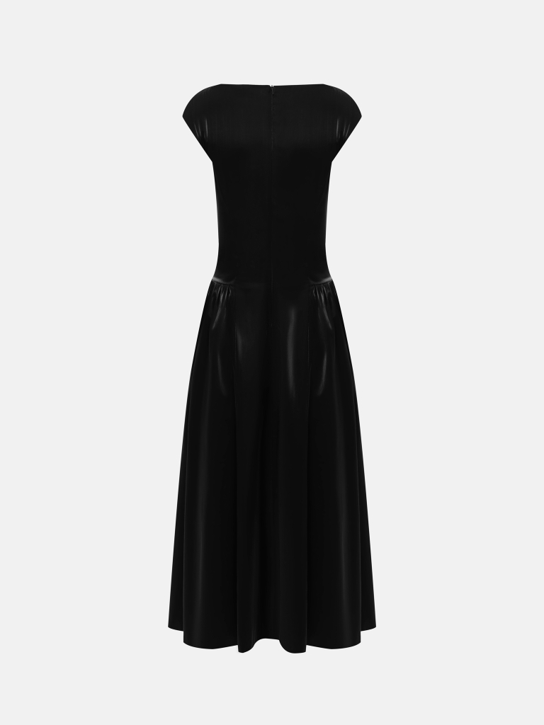 Shiny midi dress with gathered skirt