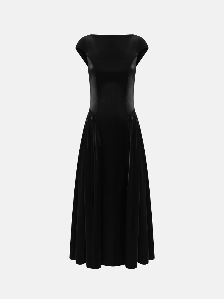Shiny midi dress with gathered skirt