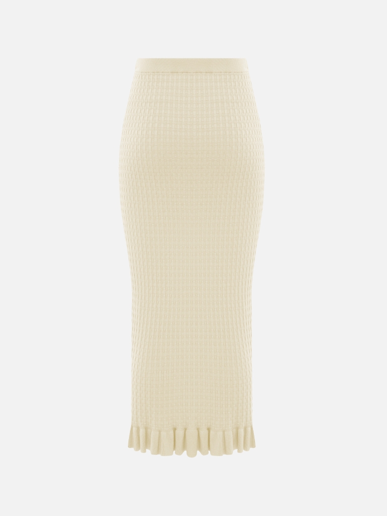 Straight textured-knit midi skirt with ruffles
