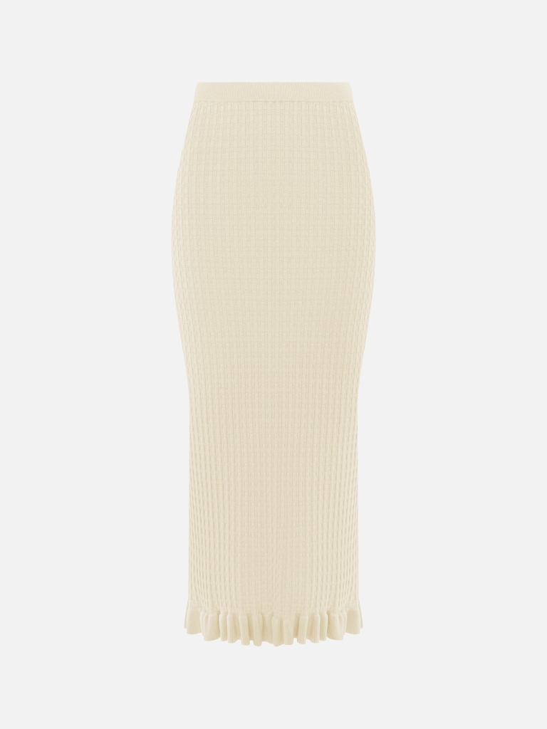 Straight textured-knit midi skirt with ruffles