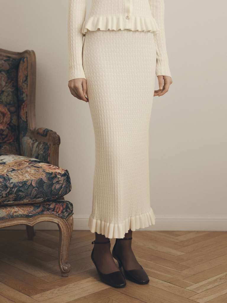 Straight textured-knit midi skirt with ruffles