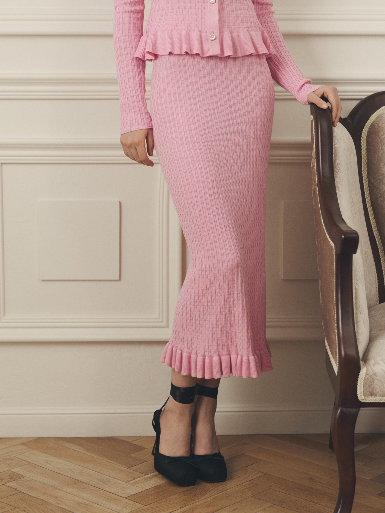 Straight textured-knit midi skirt with ruffles