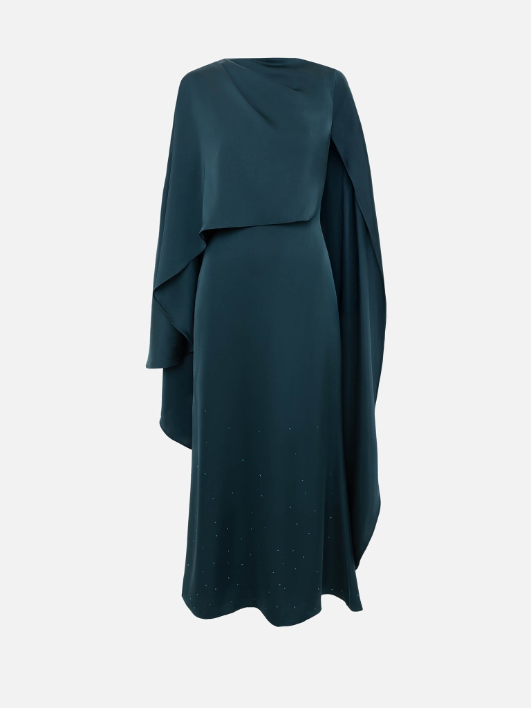 Maxi dress with asymmetrical cape and rhinestones on the skirt