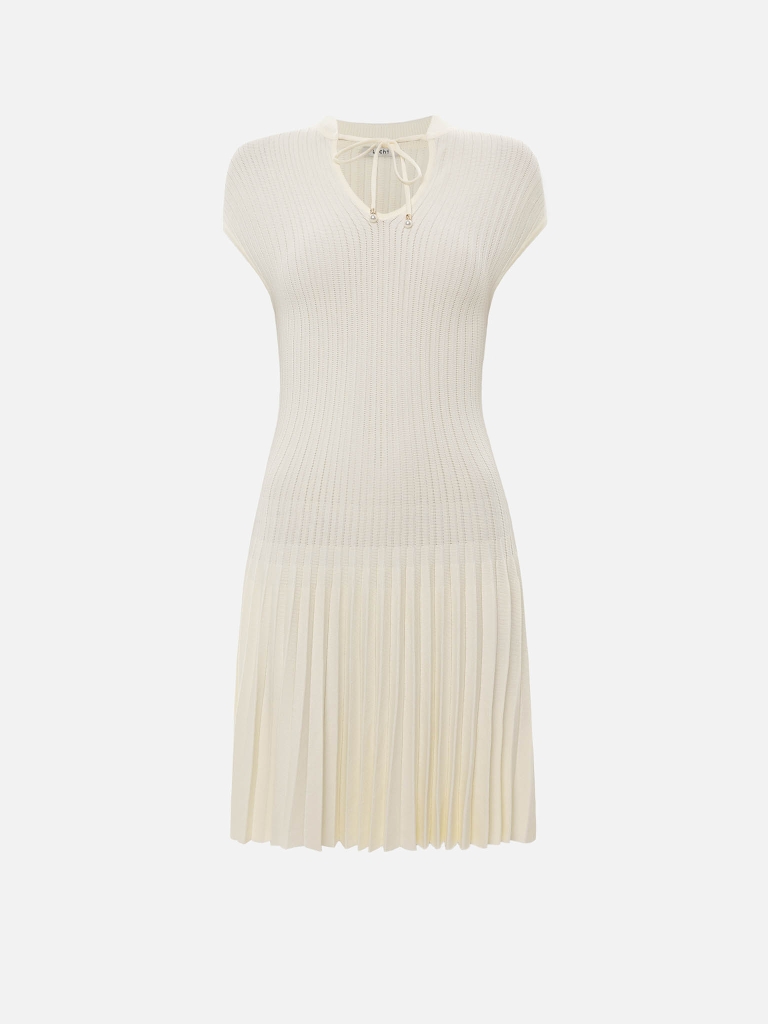 Платье мини из вискозы в рубчик с плиссированной юбкой