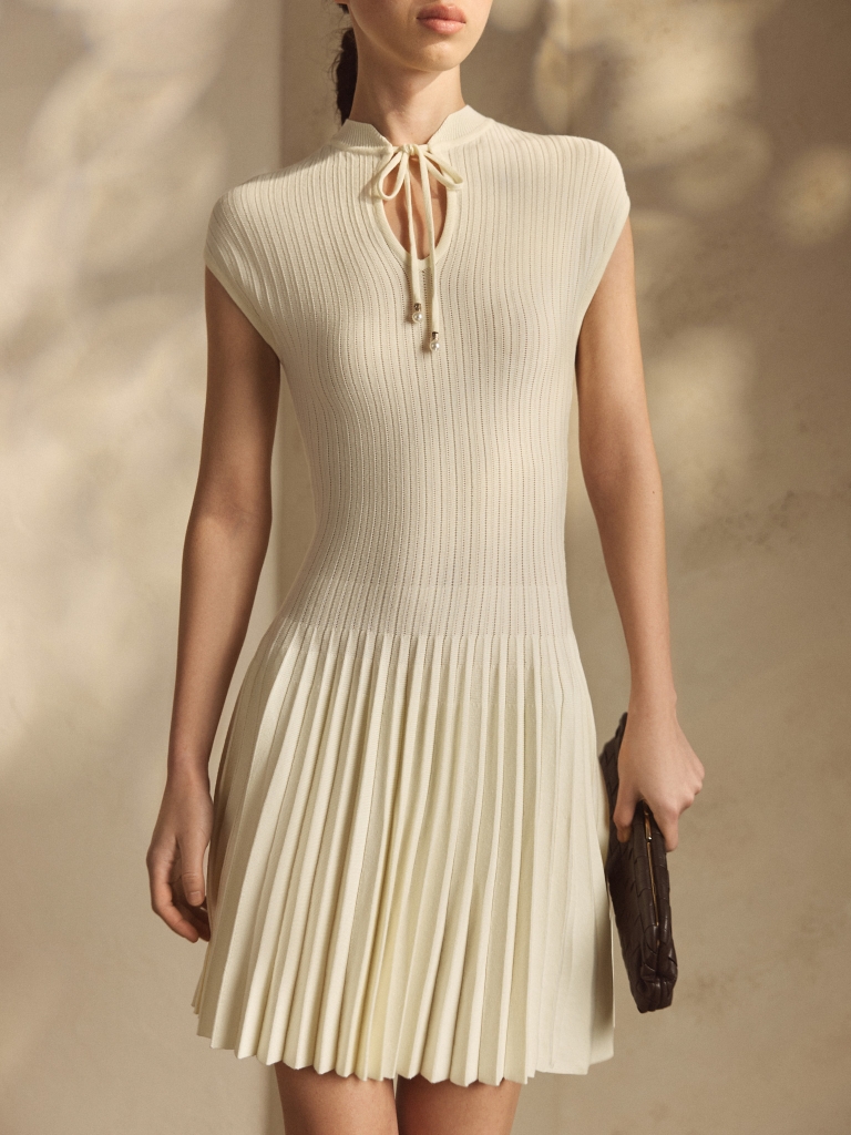 Ribbed viscose mini dress with pleated skirt