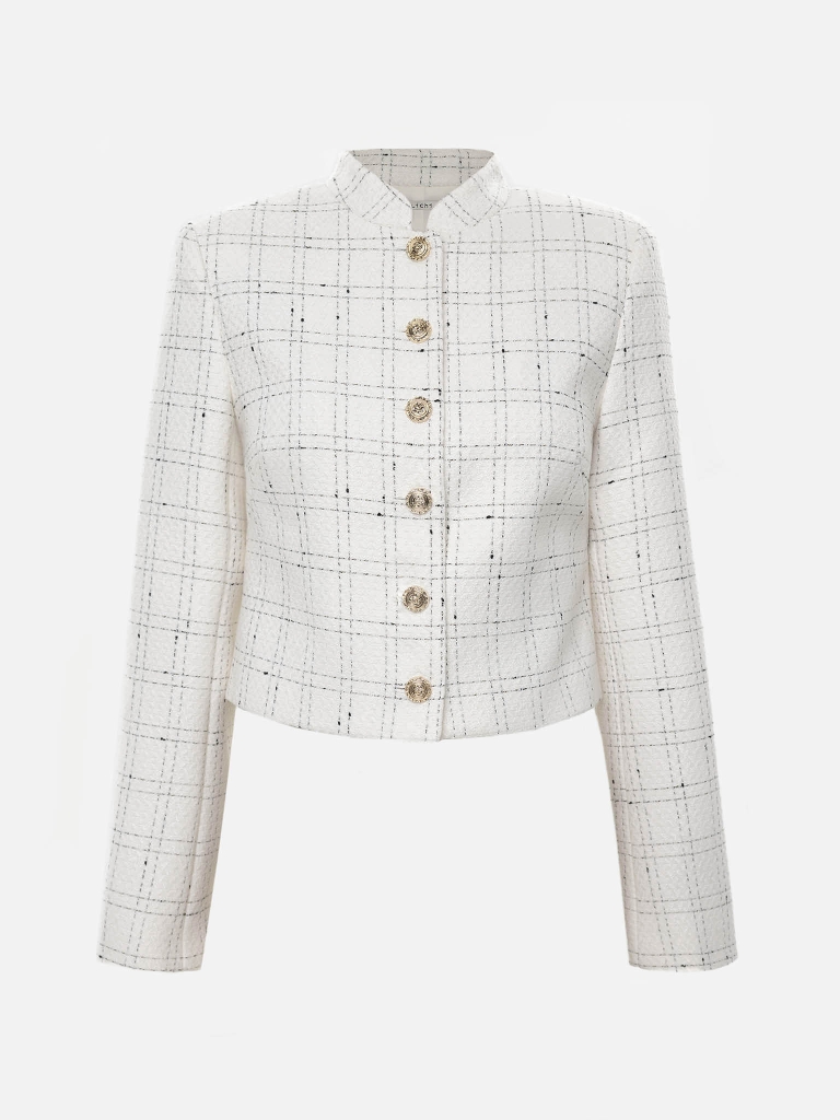 Jednorzędowy żakiet z tweedu w kontrastową kratę