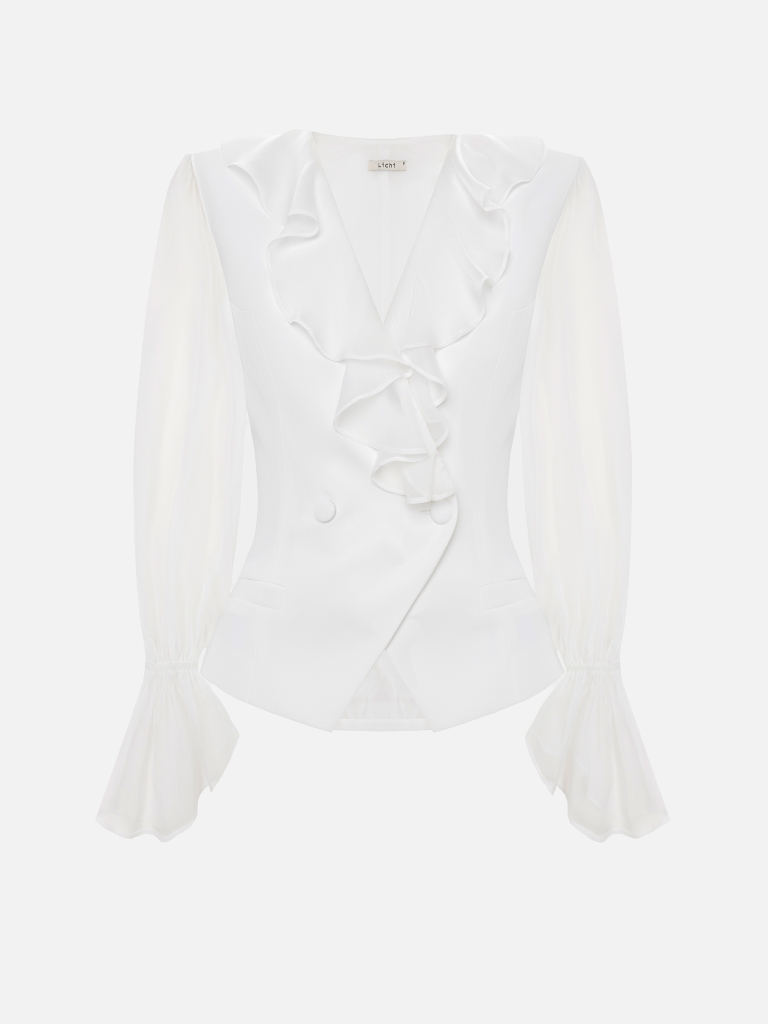 Wrap blouse with sheer sleeves