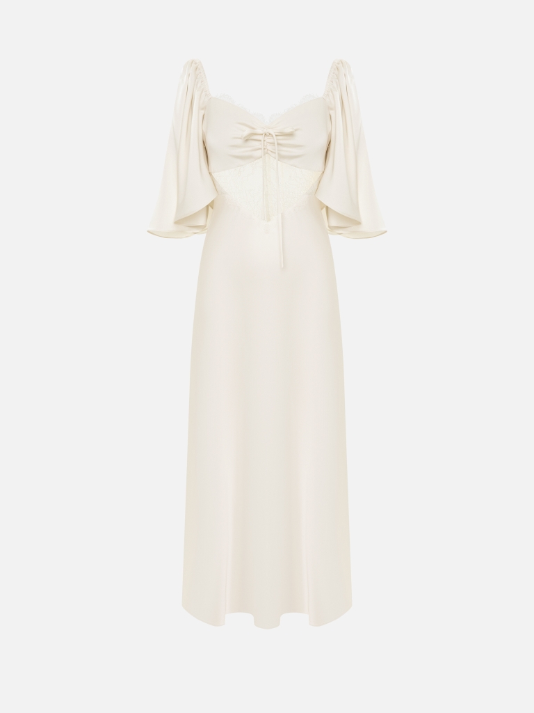 Легкое платье макси из сатина с кружевной вставкой на талии