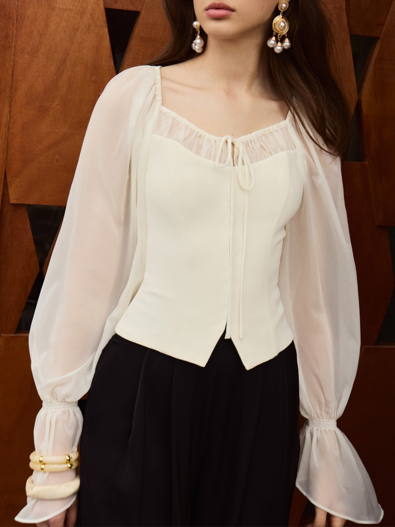 Lightweight blouse with gathered bodice and matching ties