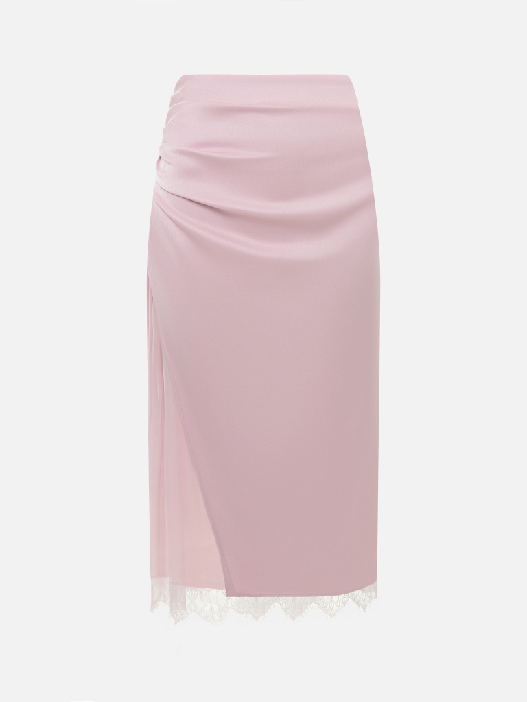Satin midi skirt with lace trim