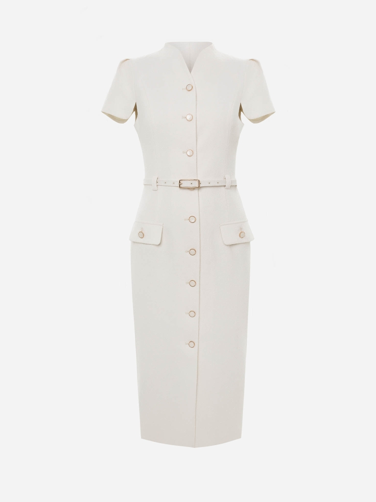Midi dress with short sleeves and tonal belt