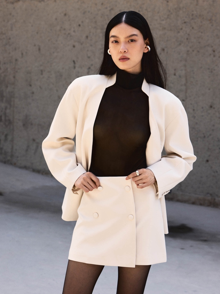 Wrap mini skirt with covered buttons