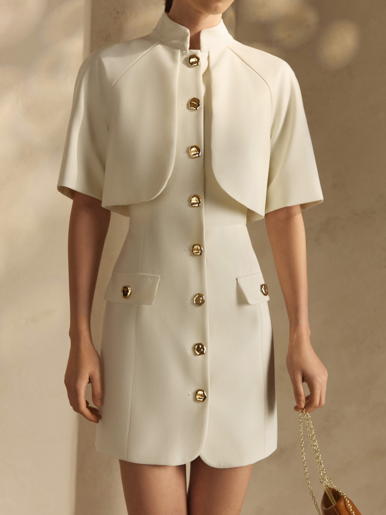 Mini dress with stand-up collar and cape imitation