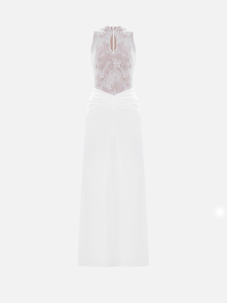 Robe longue avec un corsage en dentelle et des drapés au niveau des hanches