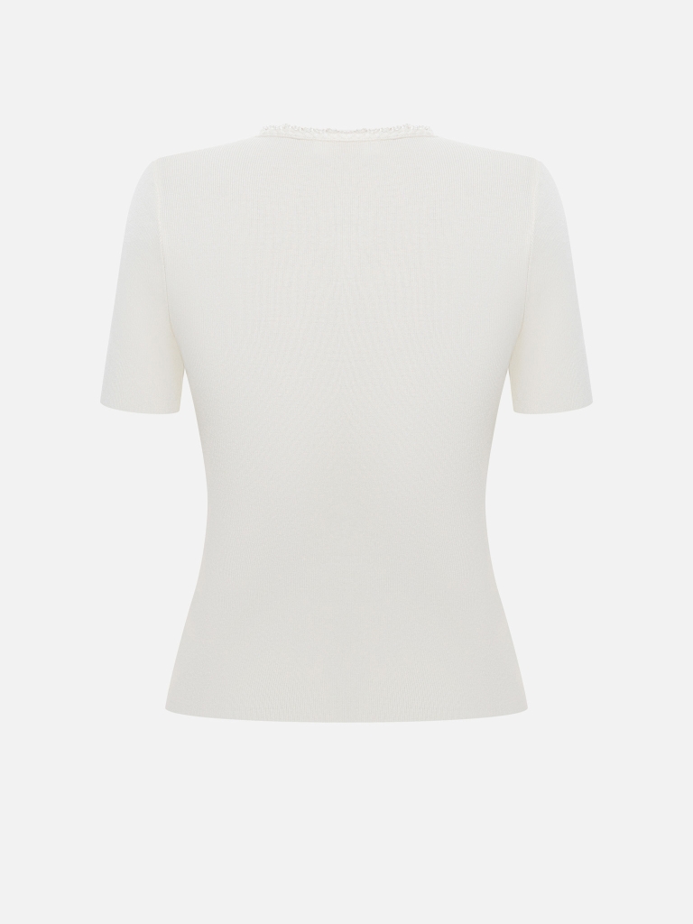 Ribbed viscose top with beaded detailing and short sleeves