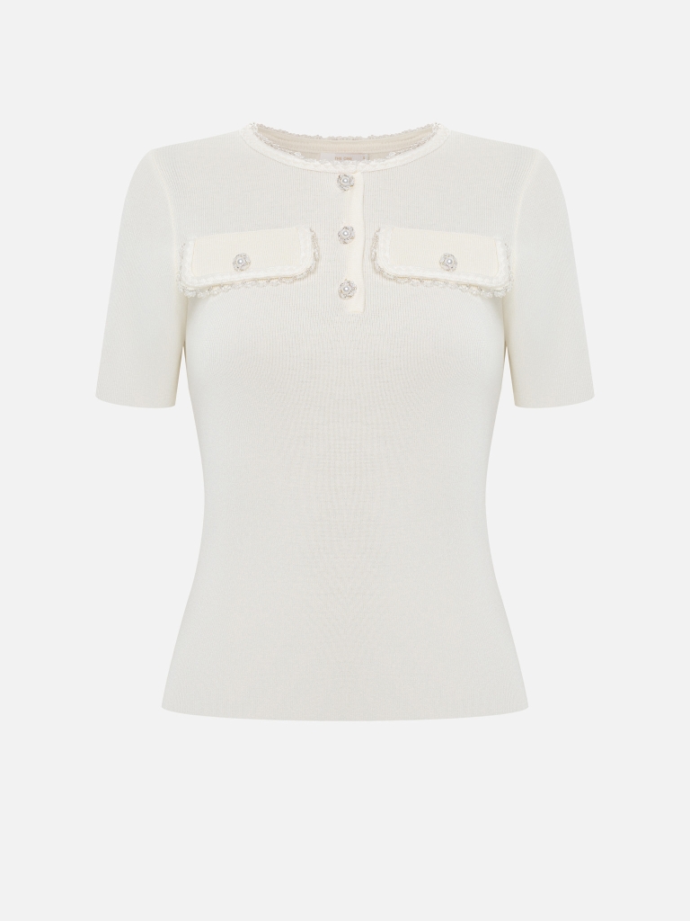 Ribbed viscose top with beaded detailing and short sleeves